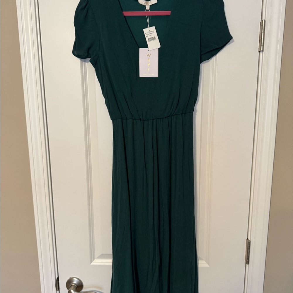 Wayf Green Puff Sleeve V-Neck Sundress
